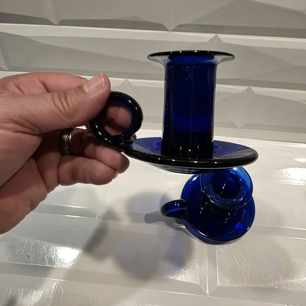Vintage Hand Blown Cobalt Blue Art‎ Glass Finger Loop Handle Candlestick Holder